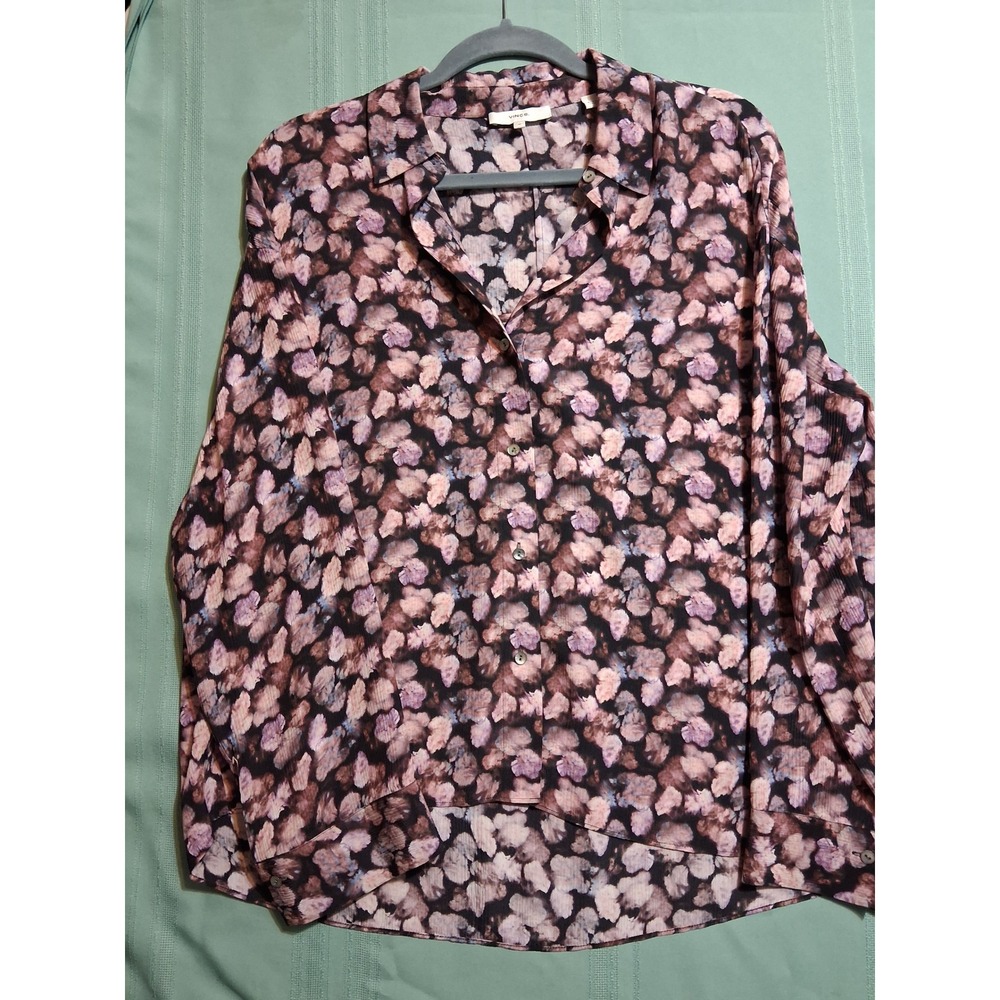 Vince Womens Silk Abstract Floral Button Down Blouse Purple Black Medium